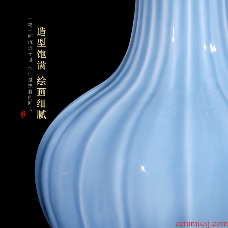 Jingdezhen ceramics imitation clear azure single glaze melon leng vase Chinese style living room home decoration collection furnishing articles