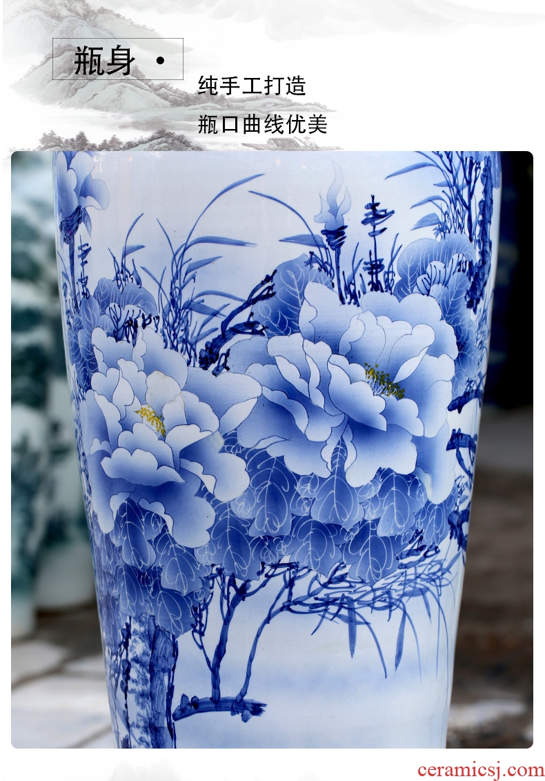 Jingdezhen blue and white ceramics hand - made peony landing big vase home sitting room adornment hotel furnishing articles - 586485215973