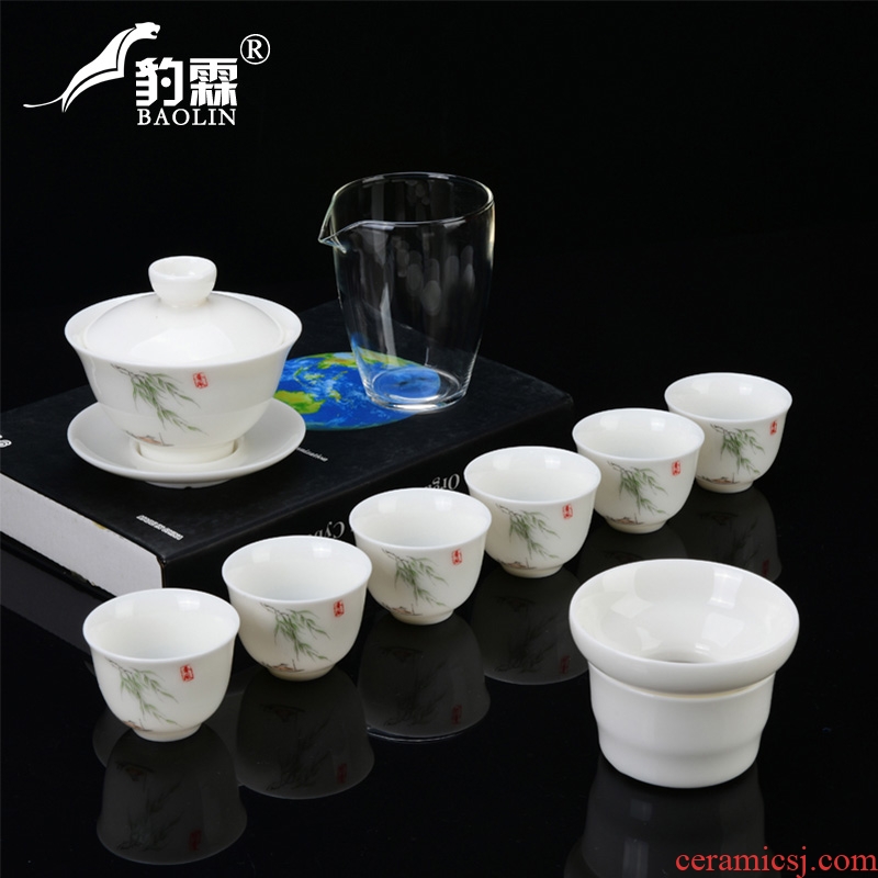 Leopard lam suet jade white porcelain ceramic gift box kung fu tea set suits for domestic high - grade jade porcelain jingdezhen tea cups