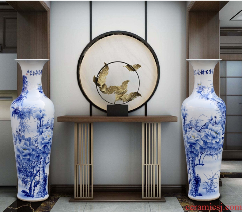 Jingdezhen blue and white ceramics hand - made peony landing big vase home sitting room adornment hotel furnishing articles - 586485215973
