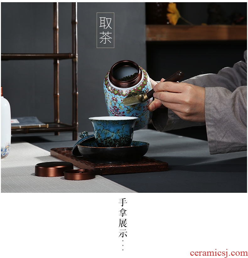 Auspicious edge enamel painted ceramic tea pot double metal cover inside cover sealed tank, storage POTS