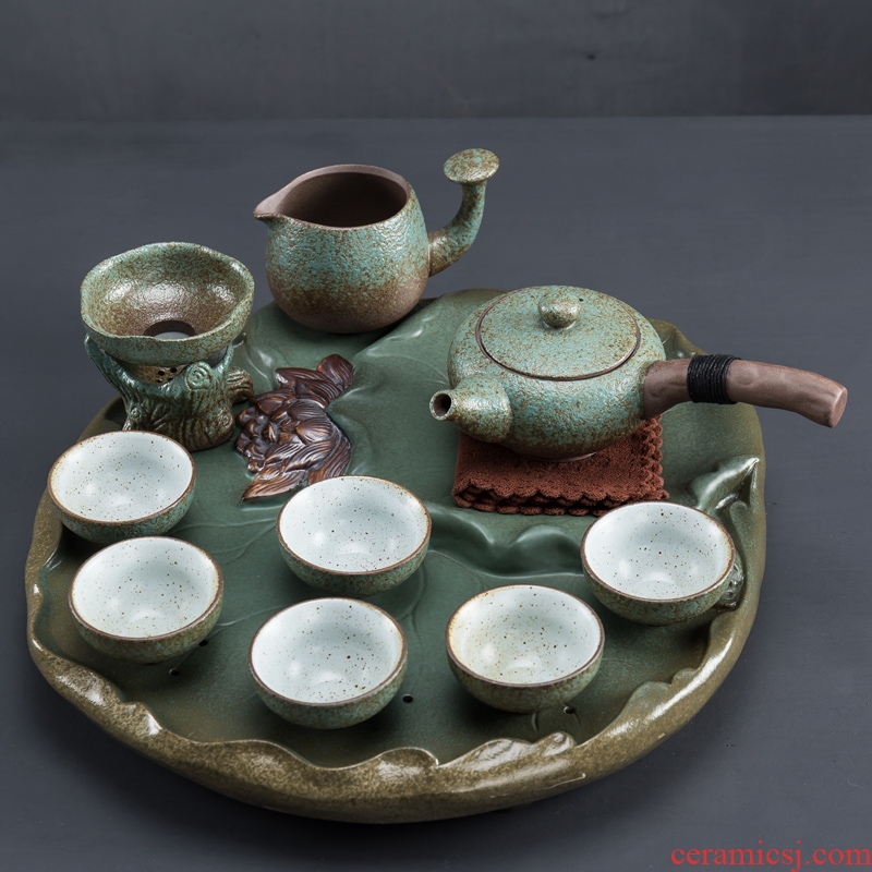 Japanese kung fu tea set tea tray household contracted ceramic teapot coarse pottery cups of a complete set of modern office sitting room