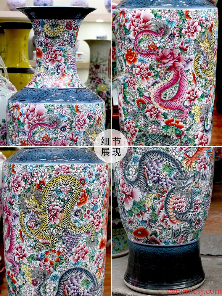 Jingdezhen hand - made big famille rose porcelain vase dragon large sitting room ground hotel furnishing articles porcelain gifts