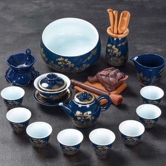 Tao blessing ji blue glaze ceramic tea set home a whole set of kung fu tea set of blue and white porcelain teapot teacup group