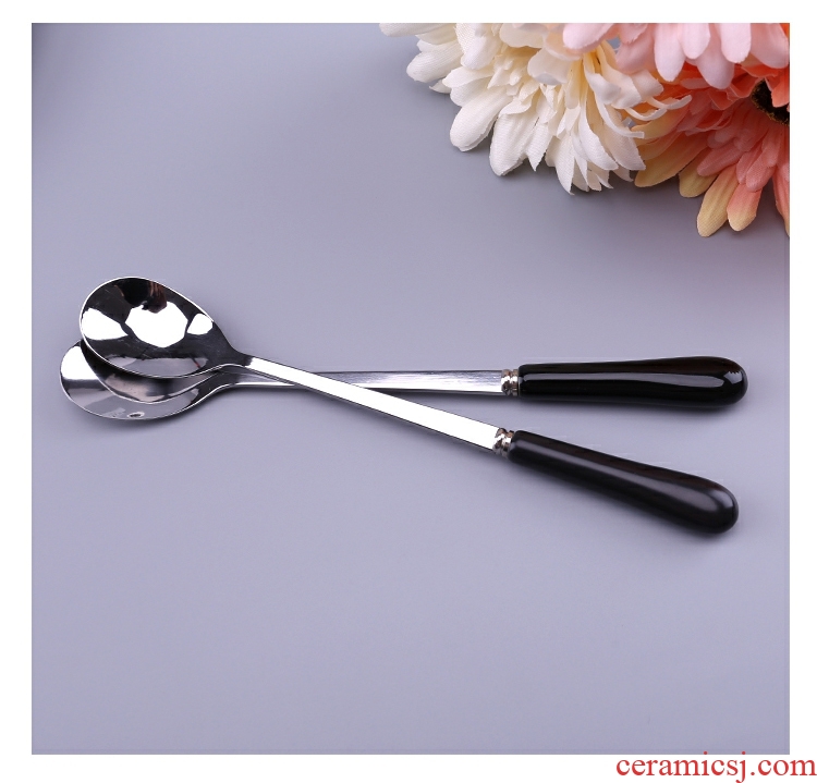 Stainless steel creative white express stirring dipper handle move black spoon, small ceramic coffee spoon, fork