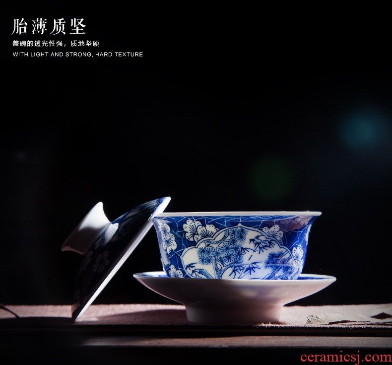 Jingdezhen ceramic three tureen suit only mei shochiku worship manual hand-painted kung fu tea cups clutching bowls