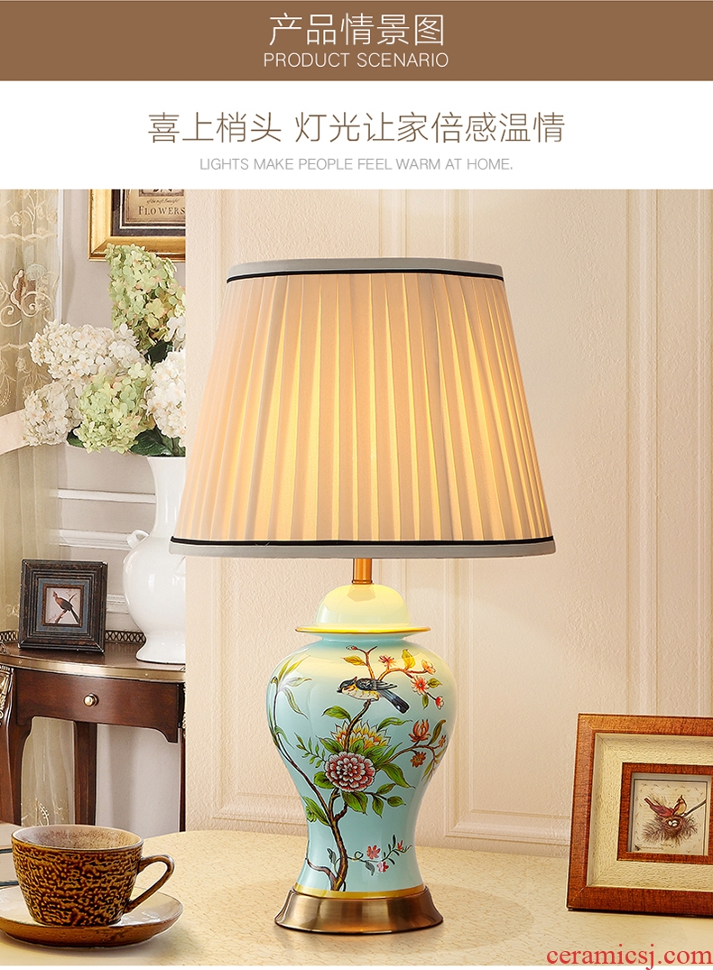 Modern new Chinese style ceramic desk lamp American creative hand - made painting of flowers and restoring ancient ways continental warm sitting room bedroom berth lamp