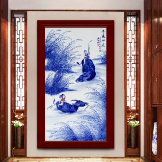 Jingdezhen ceramic hand-painted cattle figure setting wall of blue and white porcelain sitting room adornment picture of modern Chinese style porch hang mural