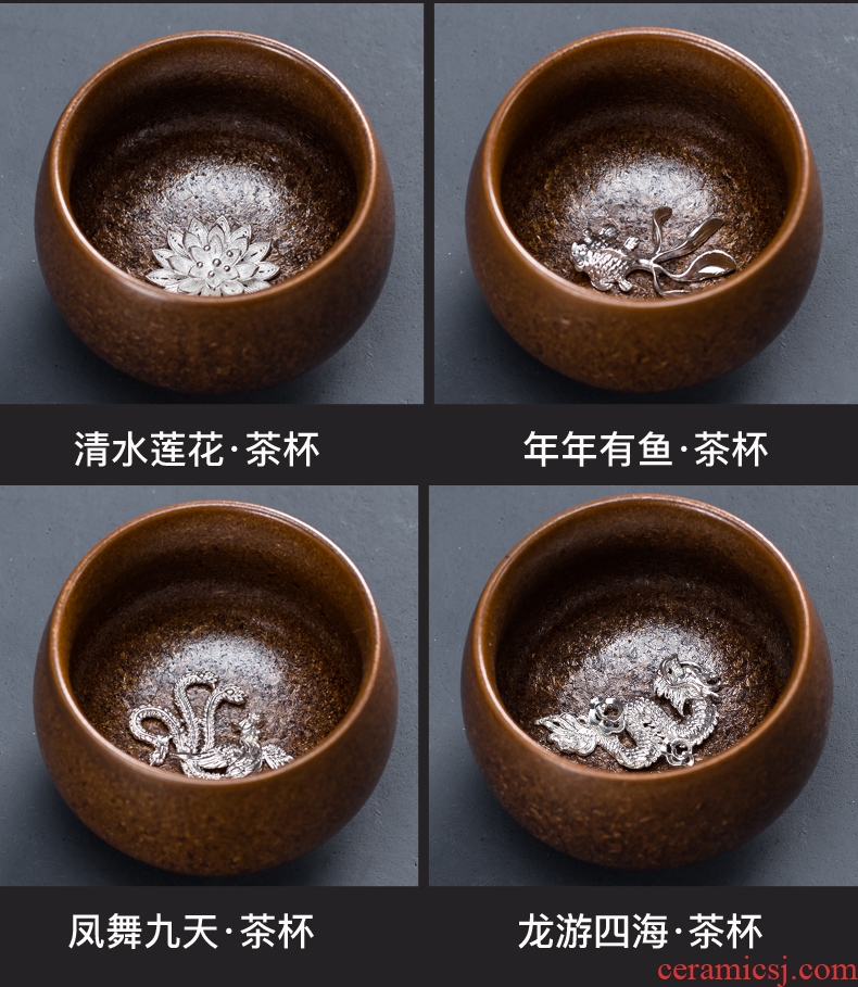 Variable set silver temmoku light hand inlaid dragon cup master cup single cup small ceramic bowl kung fu tea tea cup