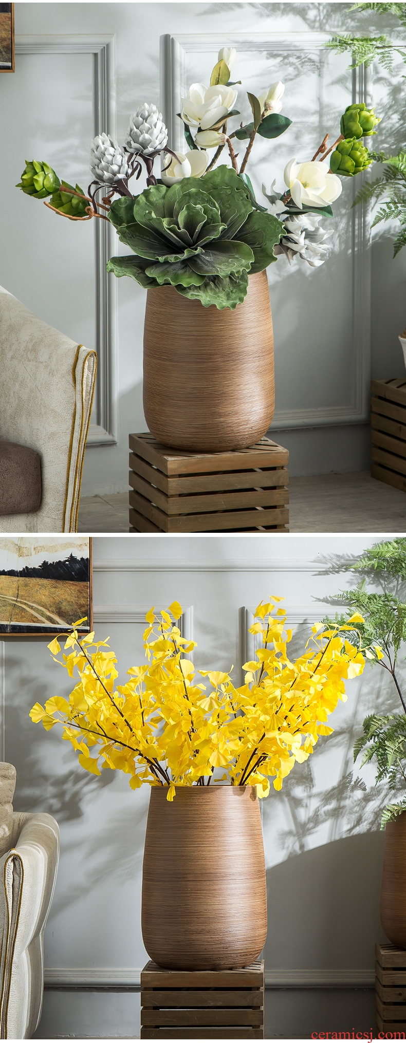 American light key-2 luxury new Chinese golden flower arranging large ceramic floor vase modern hotel home sitting room porch decoration - 598527113997