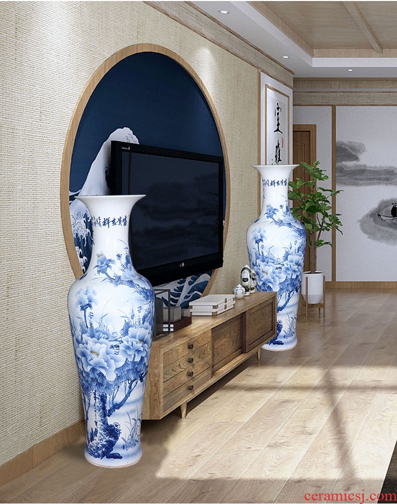 Jingdezhen ceramic big hand blue and white porcelain vase furnishing articles sitting room ground large Chinese TV ark beside ornaments - 596483182685