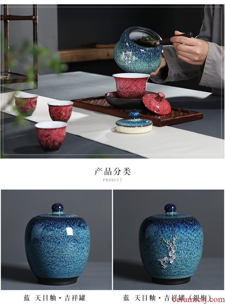 Auspicious edge in ceramic tea pot of red glaze with silver large storage seal pot home tea tea boxes