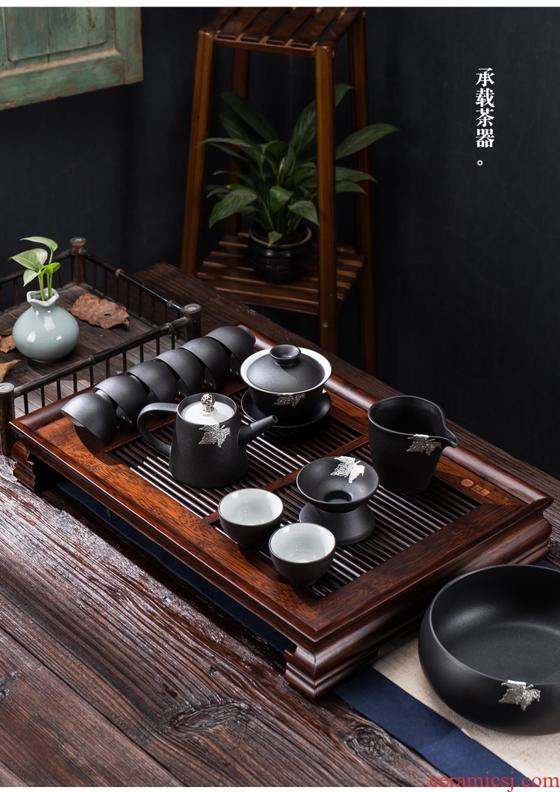 Ceramic household kung fu tea set tureen coarse pottery cups of black tea tray was Japanese side teapot contracted drainage