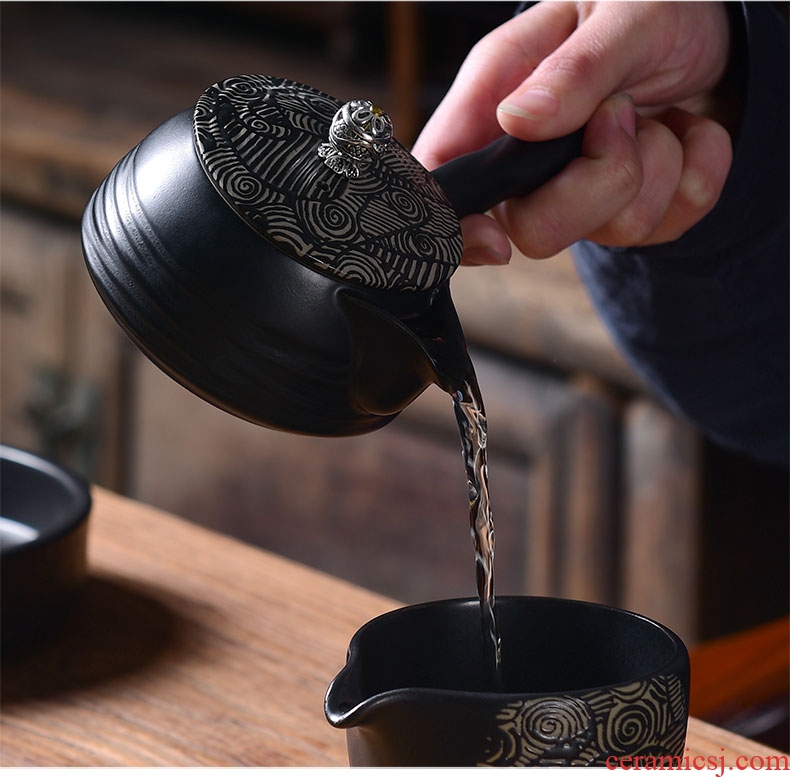 Kung fu tea tao blessing black zen suit household ceramics of the silk road the whole tea kettle cup group