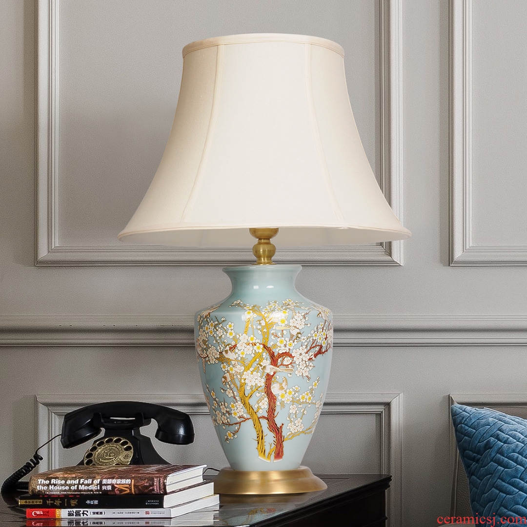 LED lamp All copper ceramic desk lamp of bedroom the head of a bed creative move hand - made painting of flowers and a sitting room, a study of new Chinese style lamp