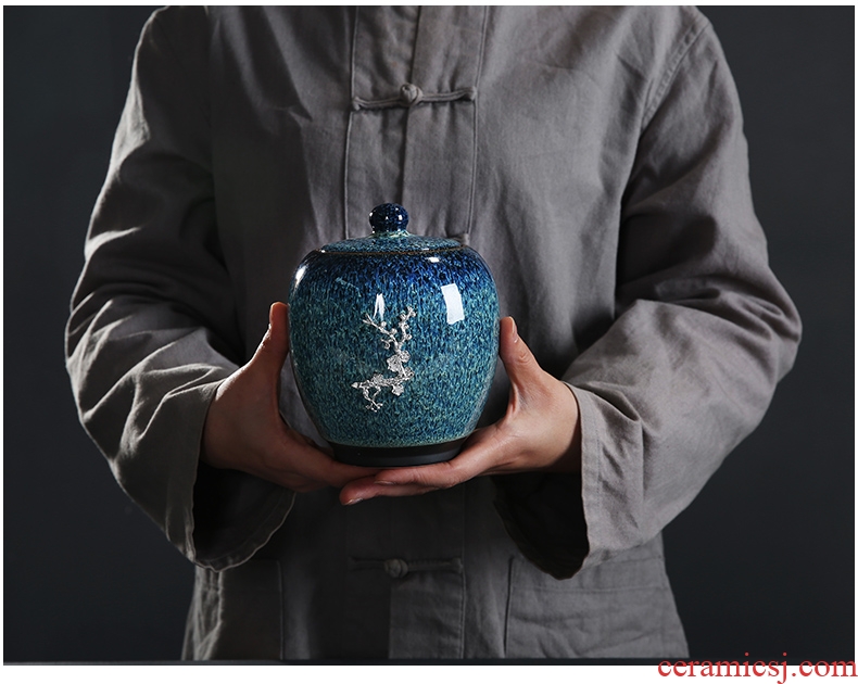 Auspicious edge in ceramic tea pot of red glaze with silver large storage seal pot home tea tea boxes