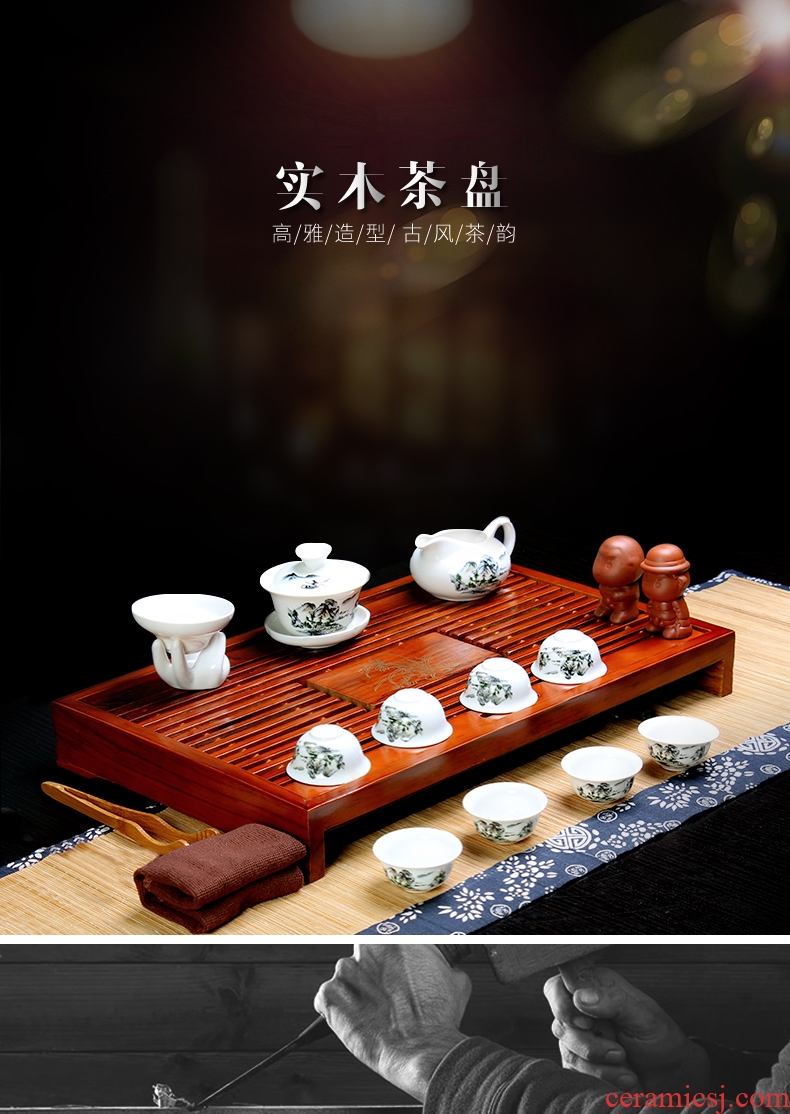 Blue and white kung fu tea set a complete set of ceramic tea set solid wood kembat tea tray tea sea household white porcelain tea set