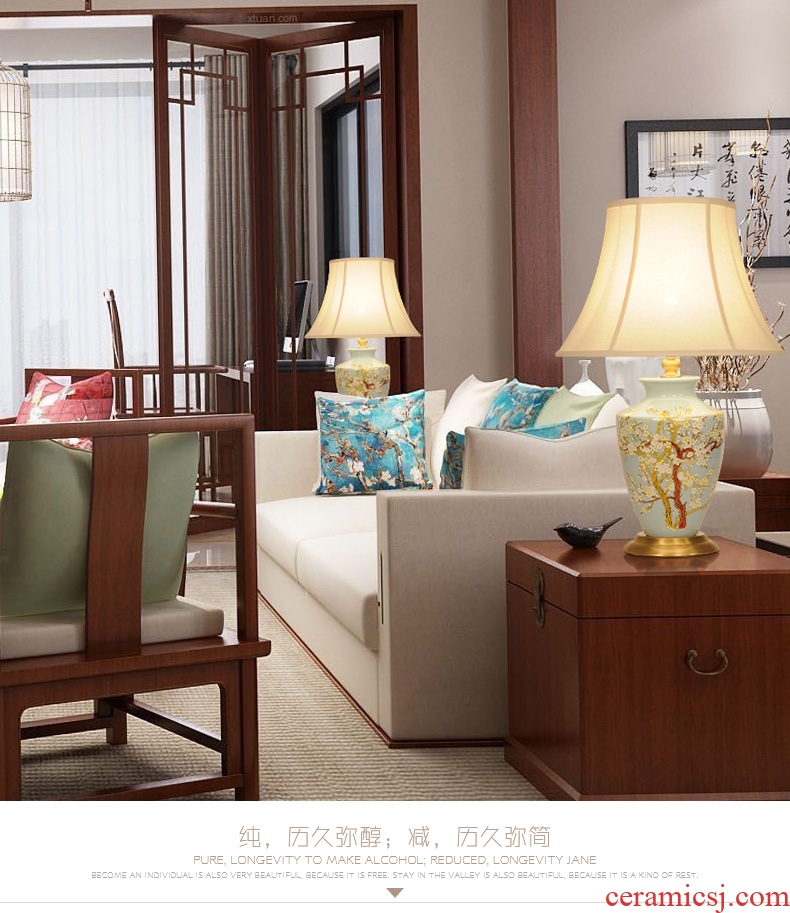 LED lamp All copper ceramic desk lamp of bedroom the head of a bed creative move hand - made painting of flowers and a sitting room, a study of new Chinese style lamp