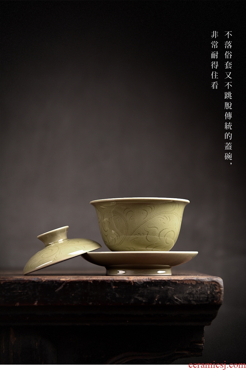 Longquan celadon tureen hand cut a large ceramics burn only three bowl of single kung fu tea tea bowl of the up