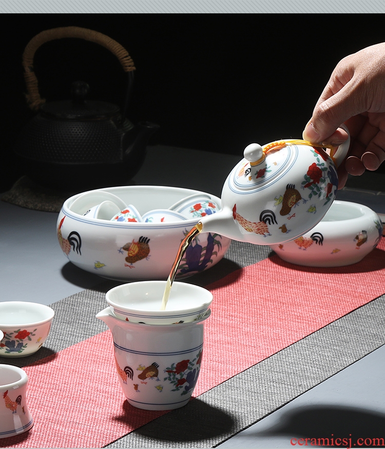 Ming chenghua chicken color bucket cylinder cup kung fu tea set suit household tureen teapot ceramic cups of a complete set of restoring ancient ways