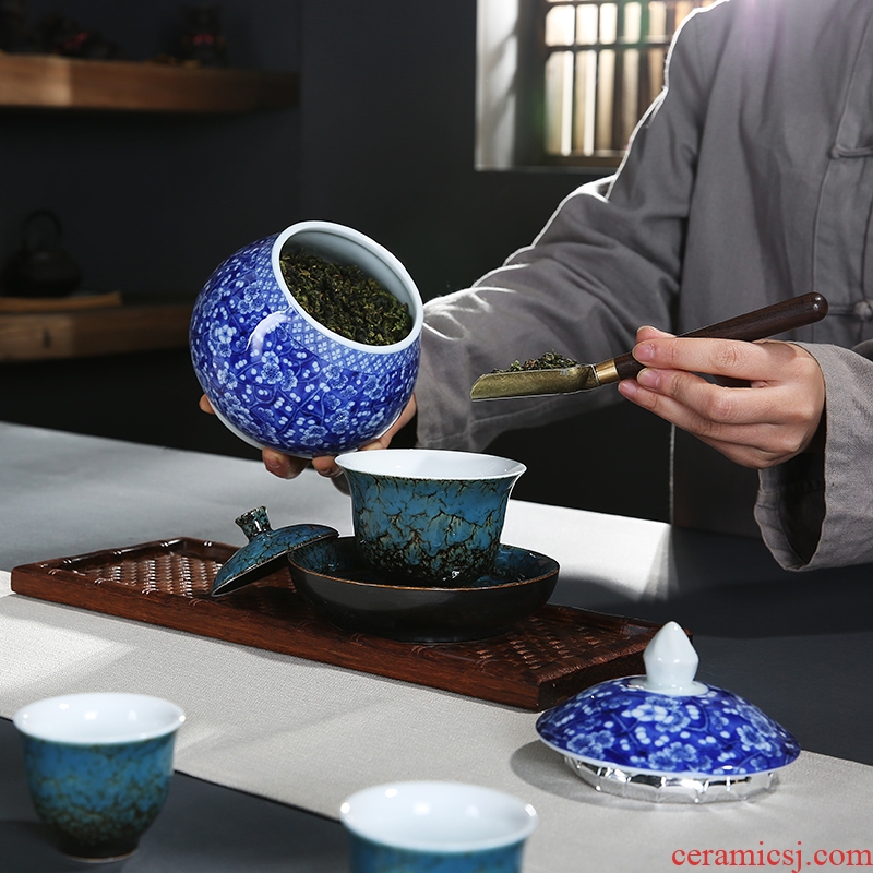 General auspicious edge caddy ceramic blue and white porcelain jar with cover pot medium sealed storage tank pu-erh tea POTS