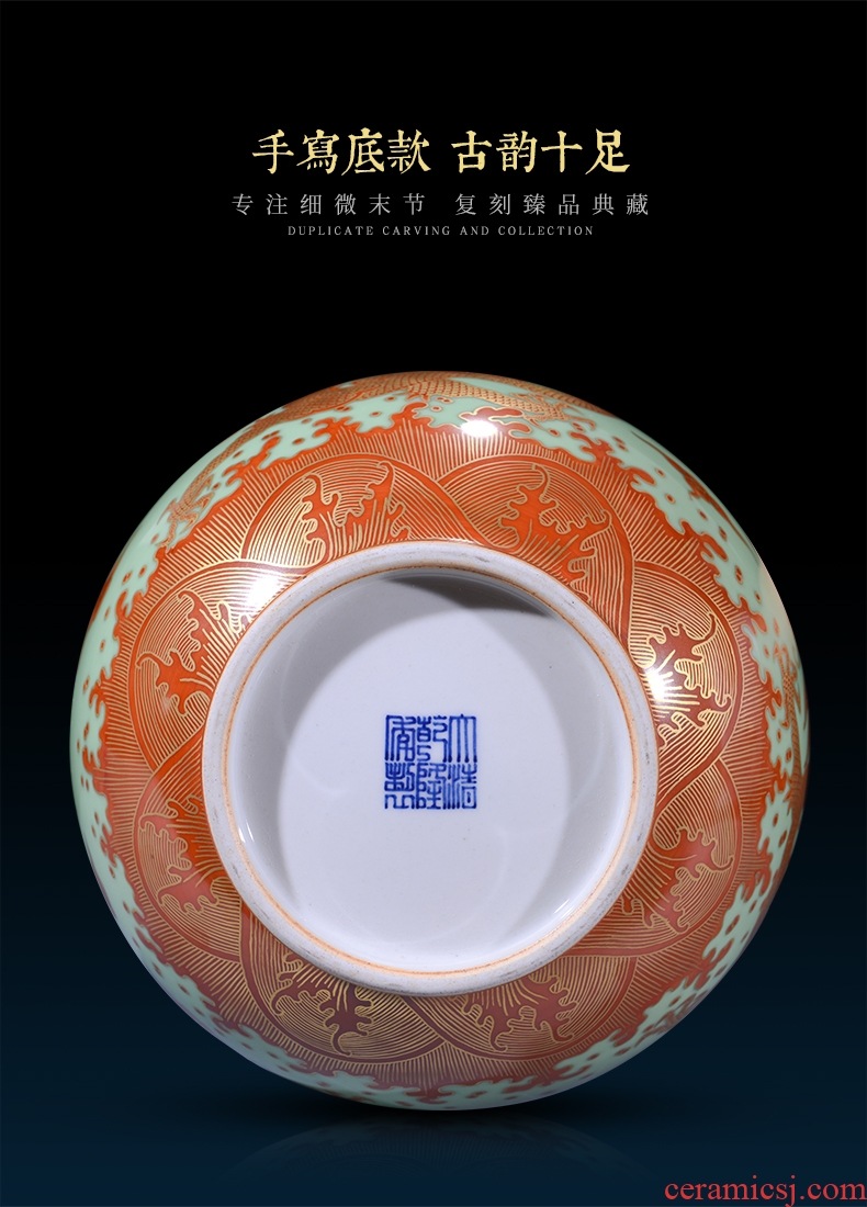 Jingdezhen ceramics imitation the qing qianlong pea green paint dragon gall bladder vases, new Chinese style household adornment sitting room