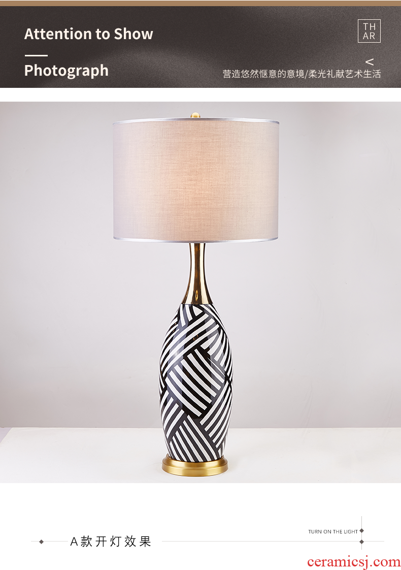 The Desk lamp of bedroom the head of a bed room American postmodern Nordic light key-2 luxury ins all copper model between ceramic lamp, black and white stripes