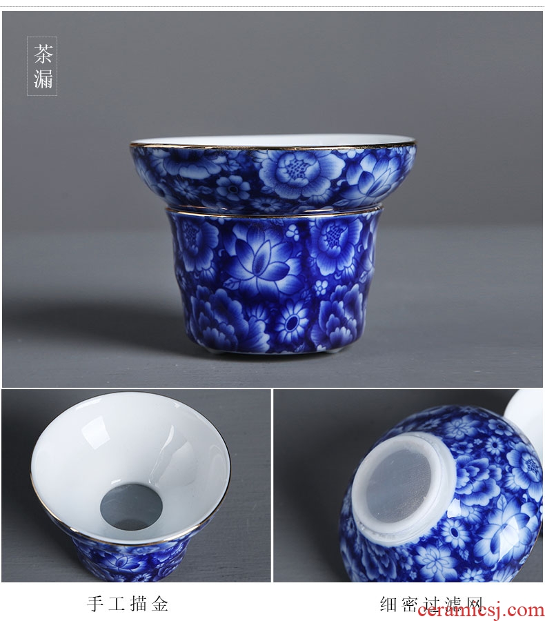 Auspicious yuan blue and white porcelain of a complete set of kung fu tea set household of Chinese style tureen teapot cup girder enamel pot of tea