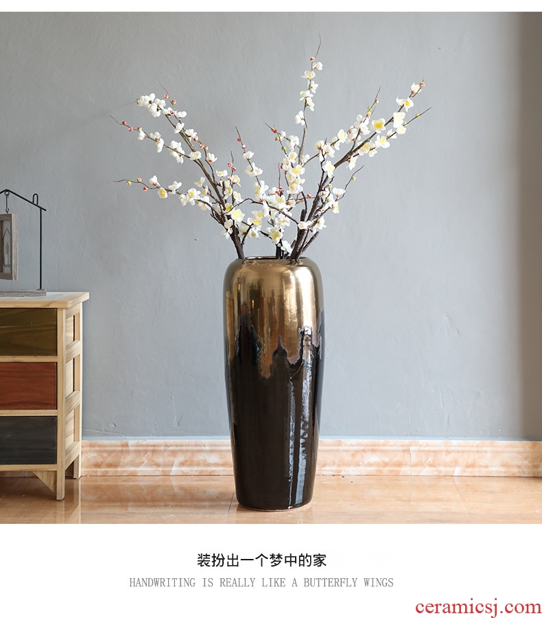 American light key-2 luxury new Chinese golden flower arranging large ceramic floor vase modern hotel home sitting room porch decoration - 599541203332