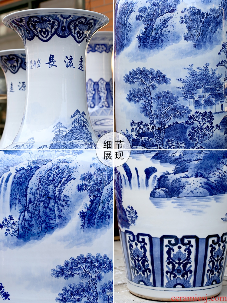 Jingdezhen ceramic floor big hand blue and white porcelain vase furnishing articles sitting room large landscape painting porcelain hotel decoration