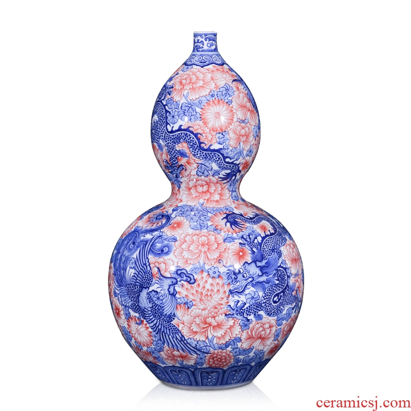 Jingdezhen ceramics archaize qianlong blue - and - white longfeng grain big gourd vases, Chinese style living room home decoration furnishing articles