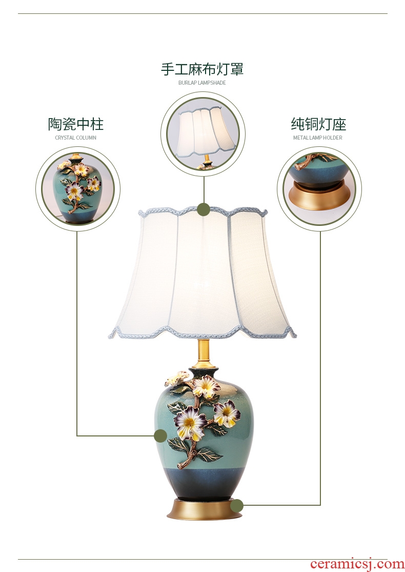 American key-2 luxury colored enamel lamp full copper European - style bedroom berth lamp creative warm sitting room ceramic new Chinese style