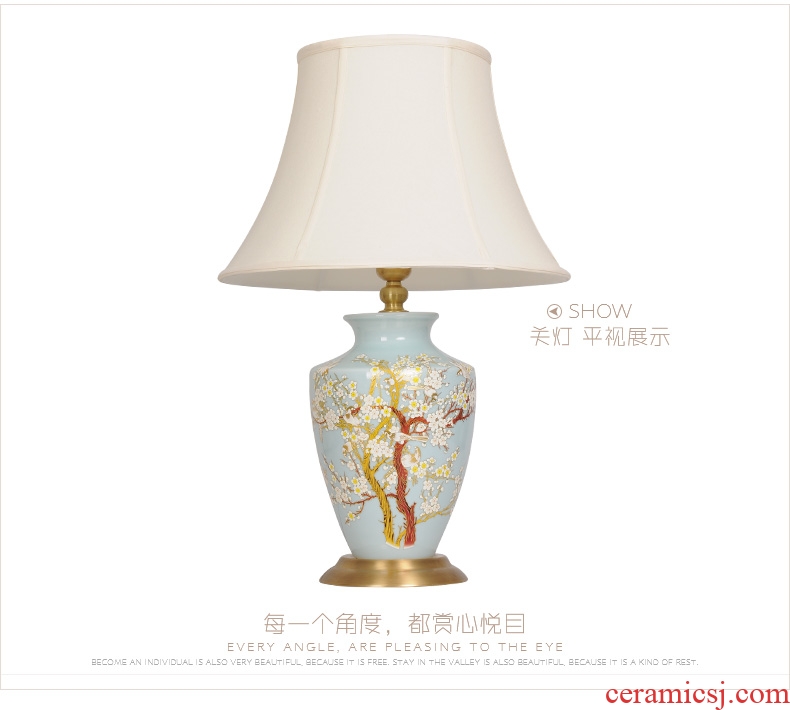 LED lamp All copper ceramic desk lamp of bedroom the head of a bed creative move hand - made painting of flowers and a sitting room, a study of new Chinese style lamp