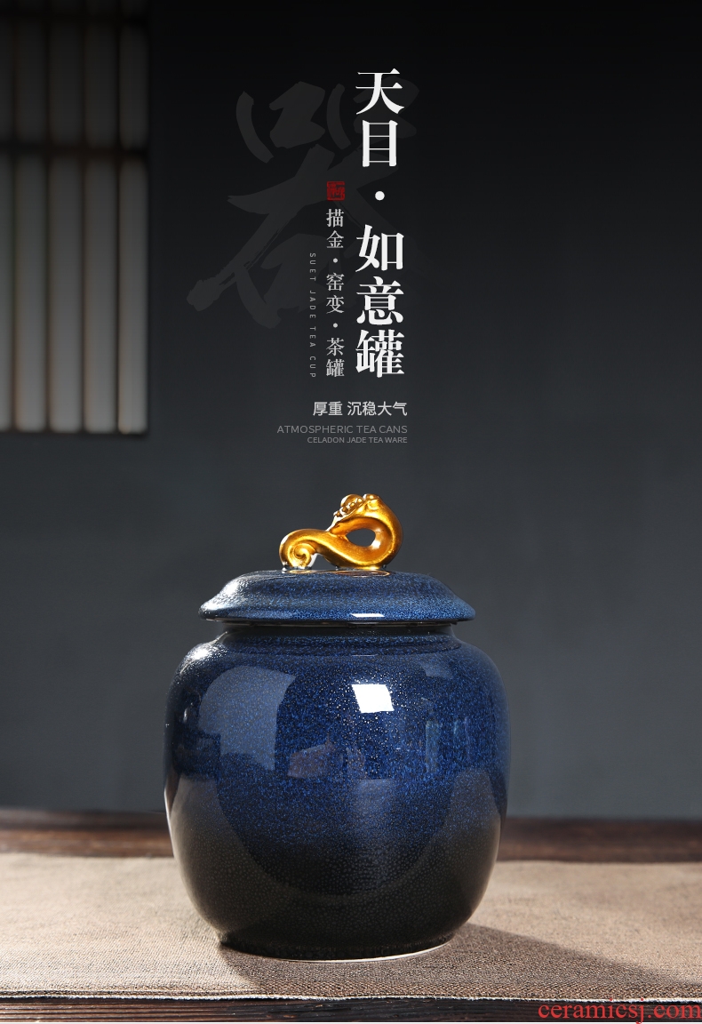 Auspicious edge caddy fixings ceramic large red glaze, a kilo is installed seal storage POTS of tea packaging household