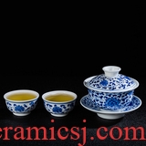 Hand draw large antique tureen ceramic tea cups machine manual kung fu tea set of blue and white porcelain tea three cups