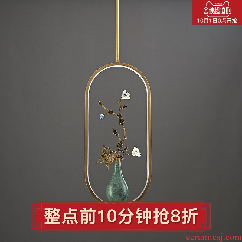 New Chinese style droplight copper flower on sitting room bedroom study all ceramic vase zen Chinese style lamps and lanterns of creative personality
