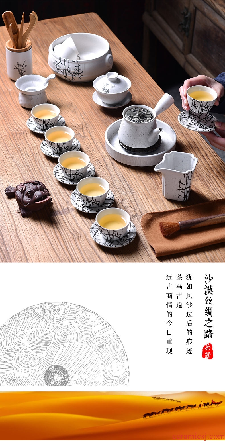 Tao blessing retro white kung fu tea set household ceramics of the silk road the whole tea kettle cup group