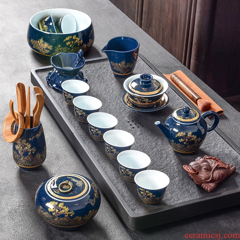 Tao blessing ji blue glaze ceramic tea set home a whole set of kung fu tea set of blue and white porcelain teapot teacup group