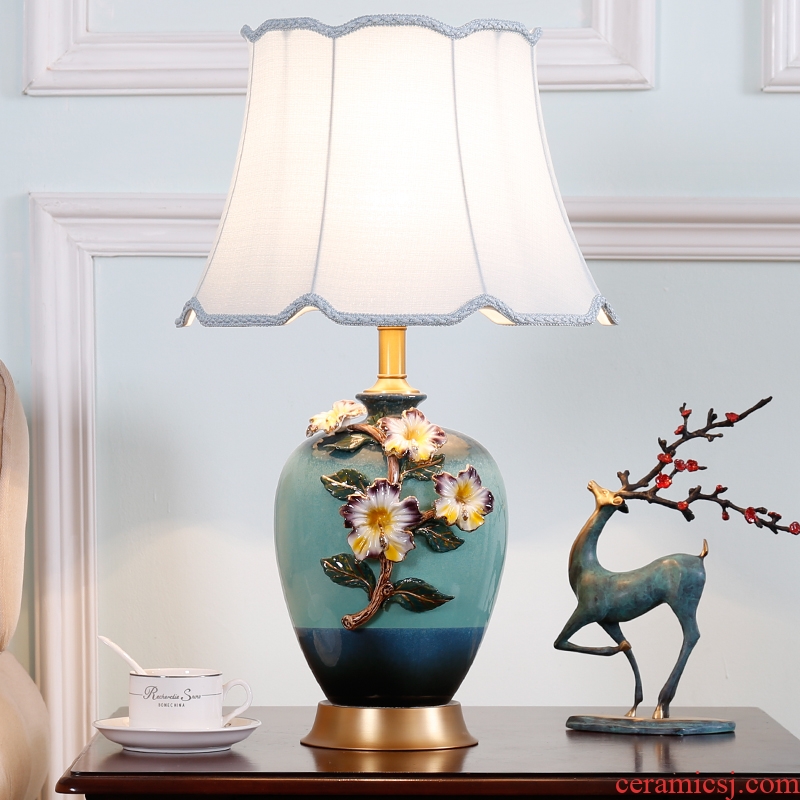 American key-2 luxury colored enamel lamp full copper European - style bedroom berth lamp creative warm sitting room ceramic new Chinese style