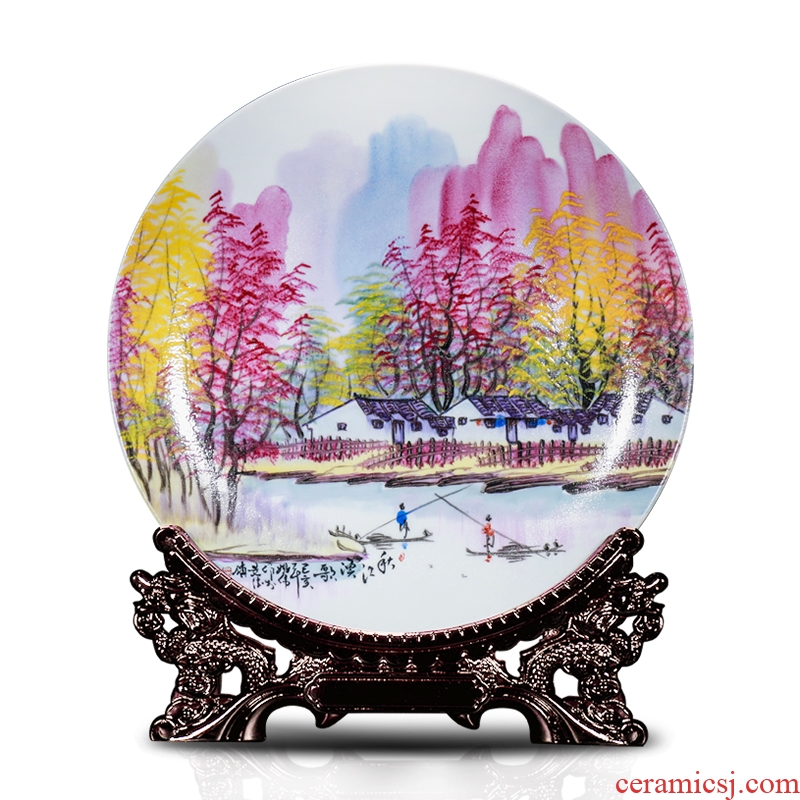 Pearl color hand-painted hang dish of jingdezhen ceramics decoration sit plate new Chinese style household collect rich ancient frame furnishing articles