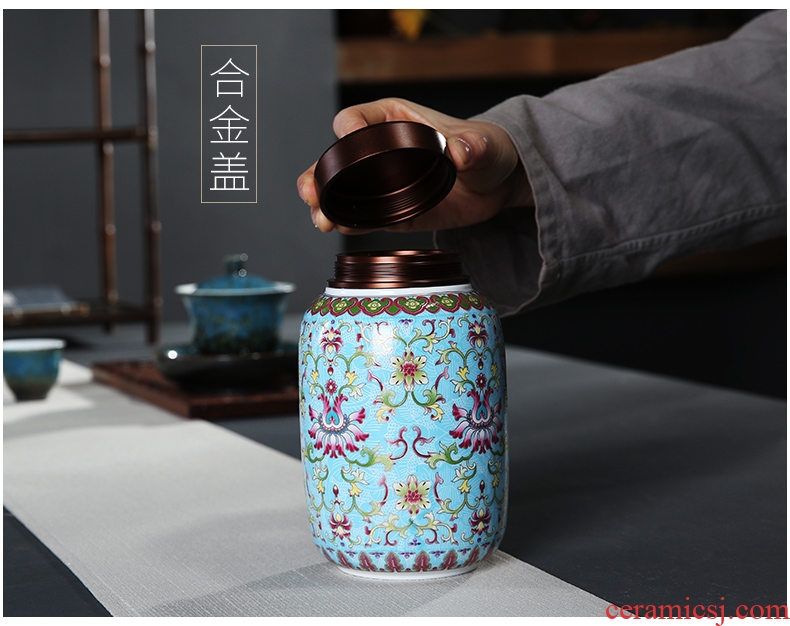 Auspicious edge enamel painted ceramic tea pot double metal cover inside cover sealed tank, storage POTS