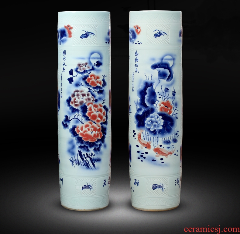 Jingdezhen ceramics hand - made landing big vase peony lotus sword barrel all hand carved quiver opening furnishing articles