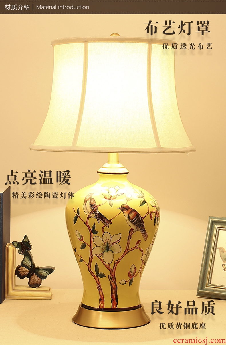 Bedroom living room Chinese American European pastoral show large made yellow flower on ceramic copper bedside lamp