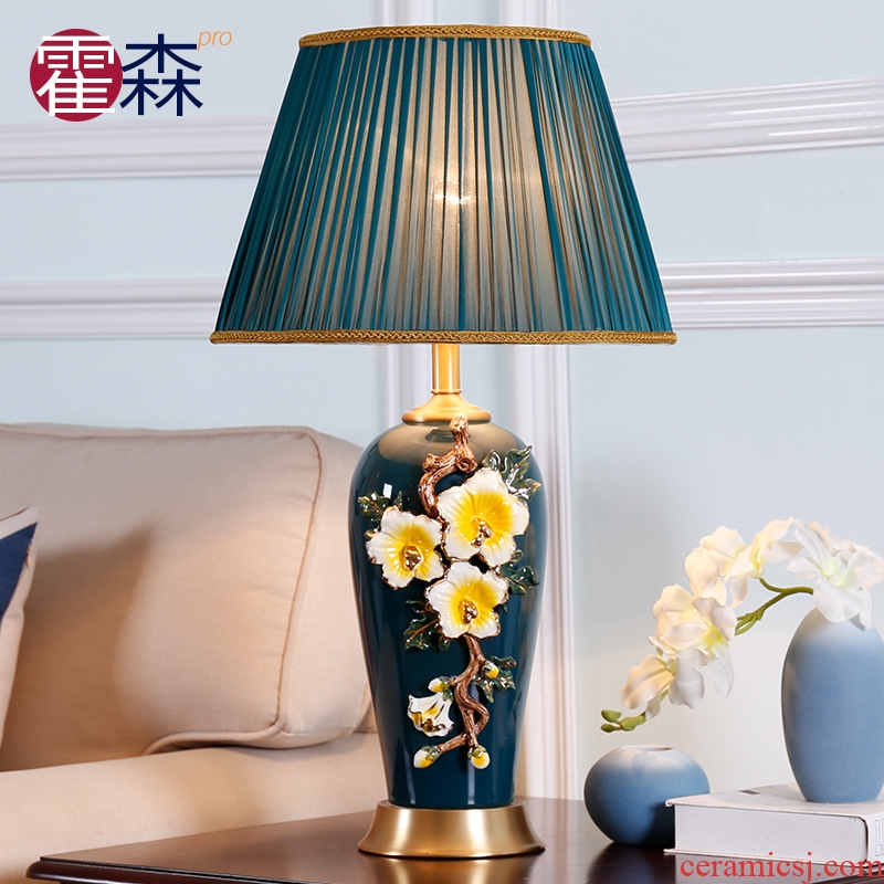 Large sitting room luxury colored enamel lamp full copper lamp of bedroom the head of a bed American creative decorative ceramic romantic warmth