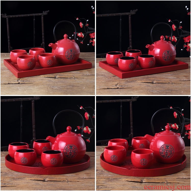 China red double happiness ceramic worship wedding tea cup pot wedding gifts supplies wedding gift gift set