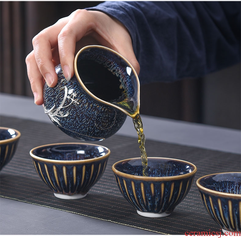 Tao blessing jingdezhen blue drawing to build light tea set household with silver star light teapot teacup silver tea set