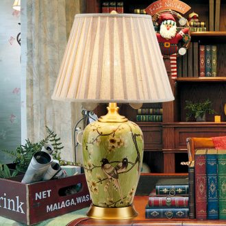 Ceramic lamp American retro sitting room bedroom nightstand lamp towns all copper decoration painting of flowers and birds study desk lamp
