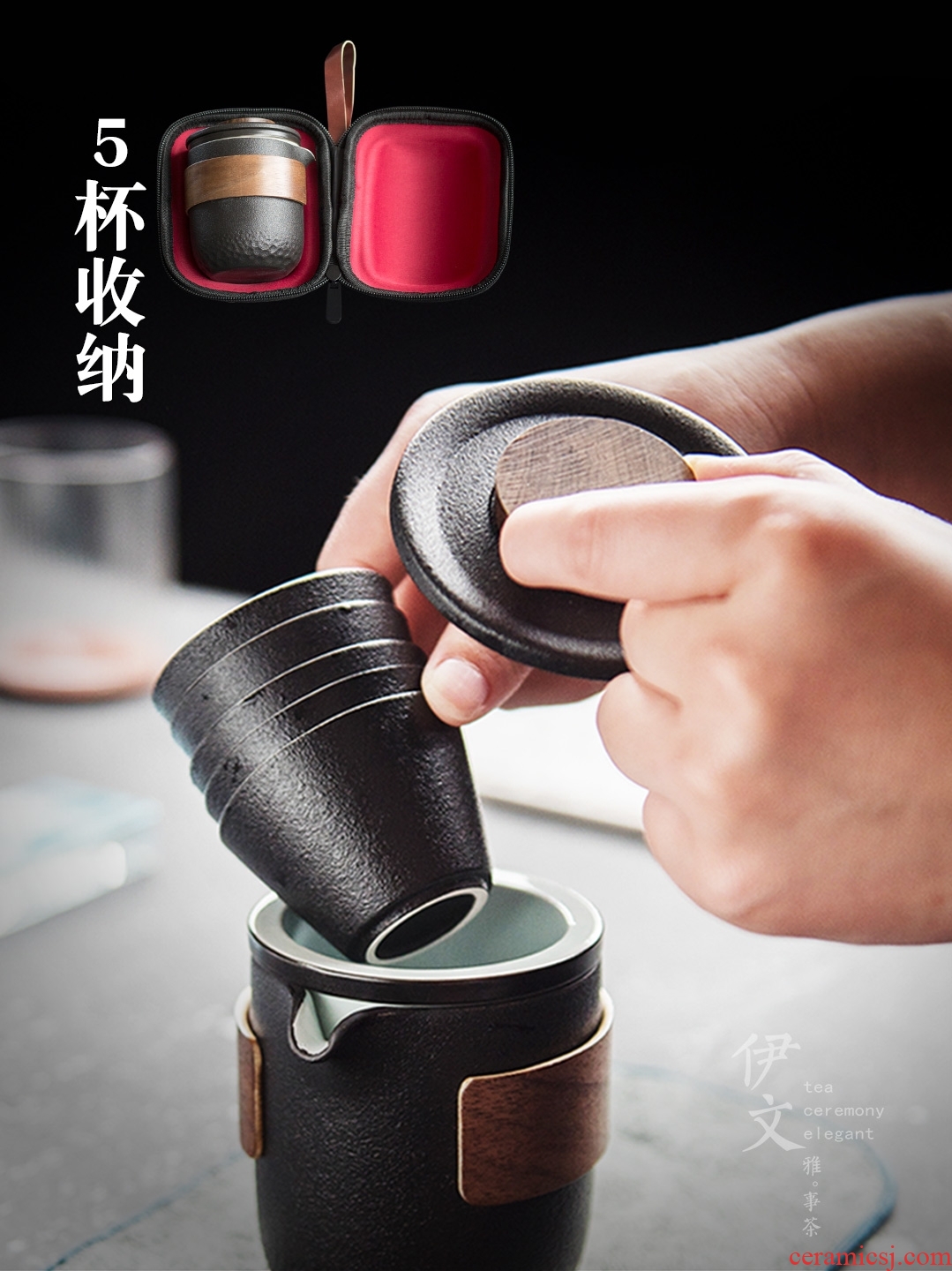 Even travel ceramic tea set portable outdoor crack cup kung fu a pot of simple five cups of tea gift boxes