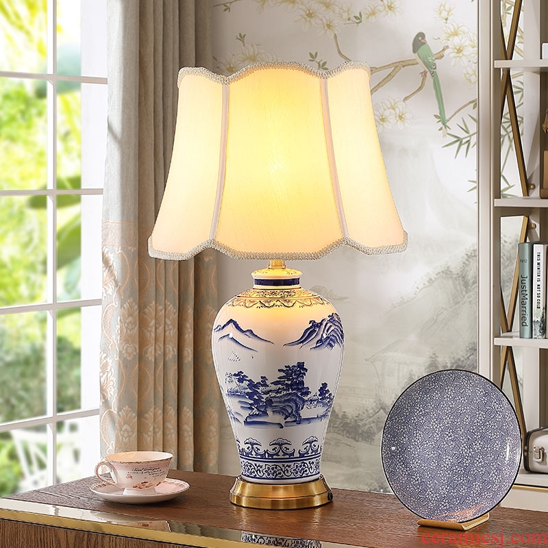 New Chinese style ceramic desk lamp after classical study contracted and I sitting room full copper landscape lamp of bedroom the head of a bed of blue and white porcelain