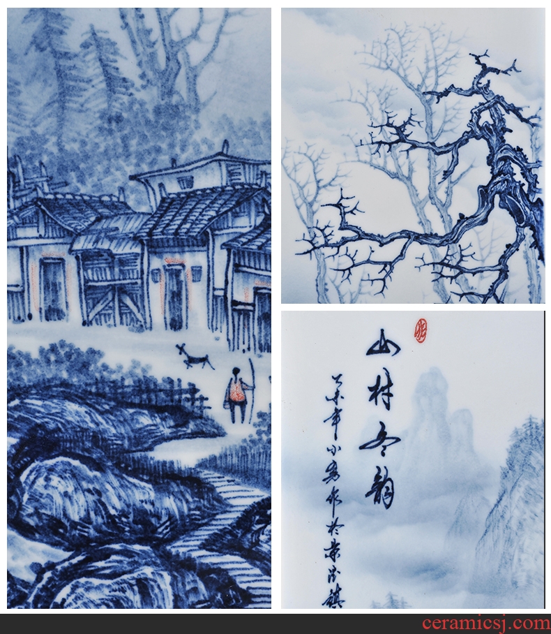 Jingdezhen blue and white porcelain plate painting landscape four screen hand-painted ceramics of new Chinese style adornment home furnishing articles in the living room